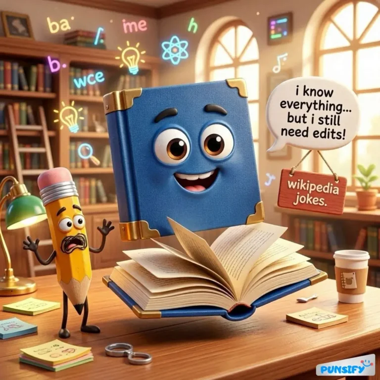 A smiling book with eyes and a pencil, saying, 'I know everything... but I still need edits!'