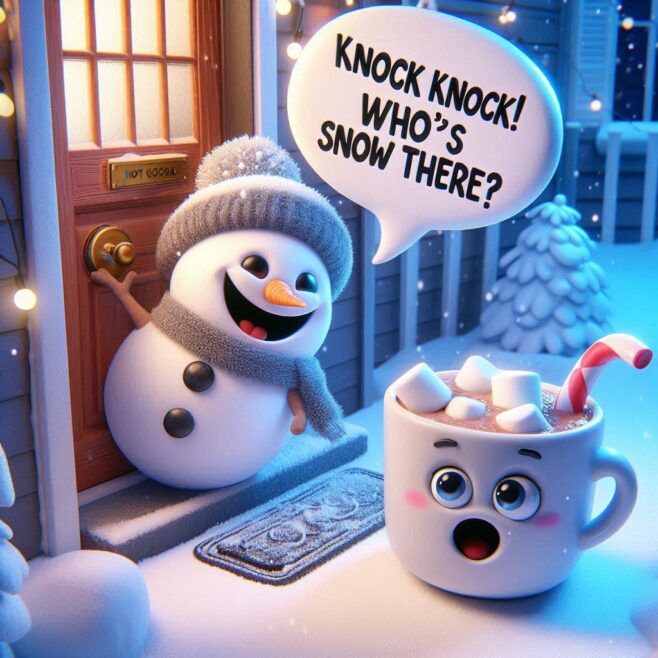 Snowman at a door, cup of cocoa with marshmallows, winter scene.