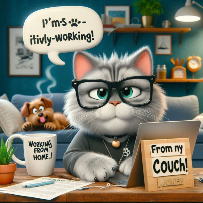 Gray cat with glasses working on a laptop at home, dog in the background.