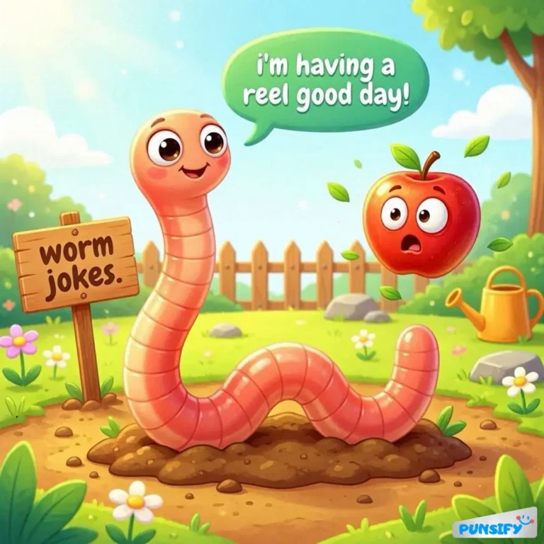 A cheerful worm beside a shocked apple, saying 'I'm having a reel good day!' with a sign about worm jokes.