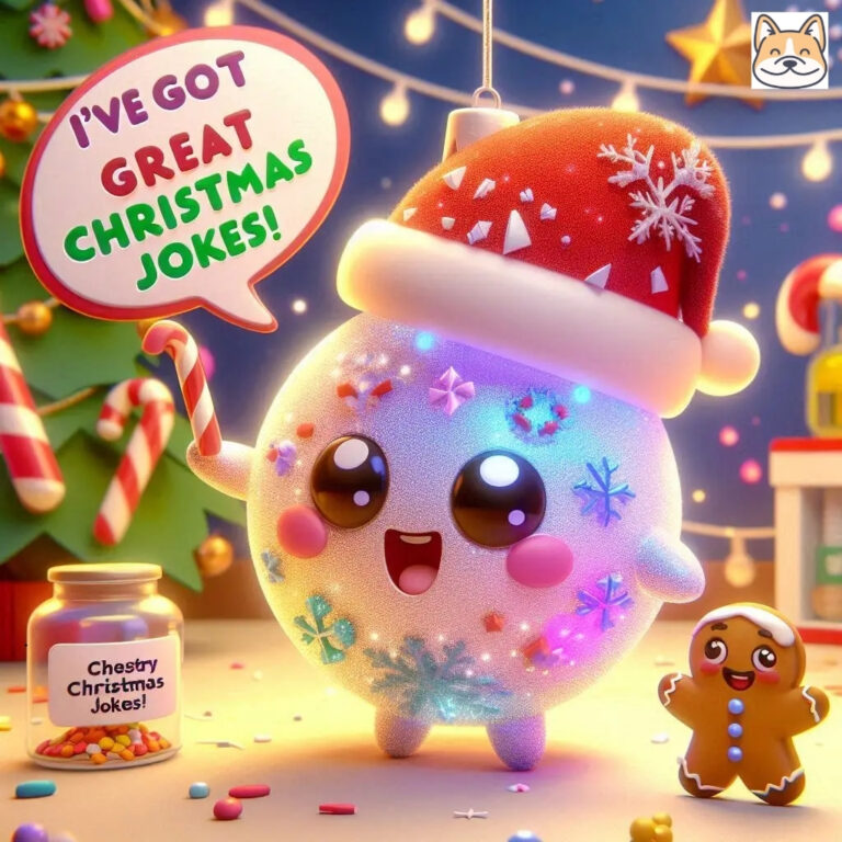 A cheerful ornament with a Santa hat and candy cane, holding a sign about Christmas jokes.