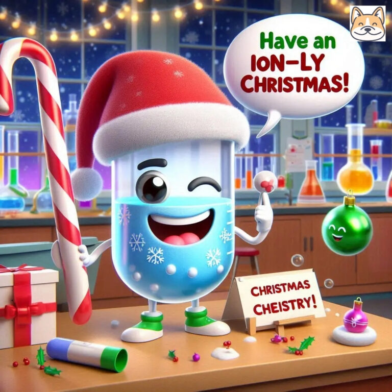 A smiling lab flask with a Santa hat, holding a candy cane and ornament, in a festive lab.