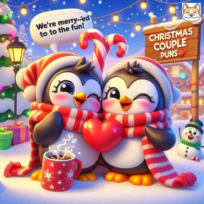 Two cheerful penguins hug with a heart, wearing festive scarves and hats, surrounded by holiday decor.
