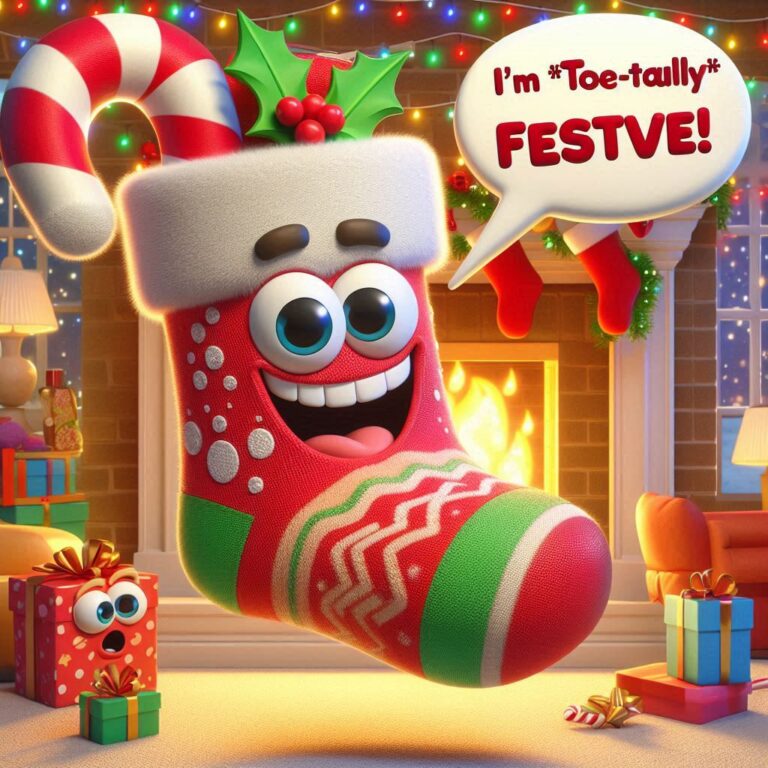 A festive sock character with a big smile and a speech bubble saying, "I'm *Toe-tally* FESTVE!"