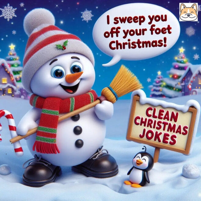 Snowman with a broom and penguin, saying a festive joke.