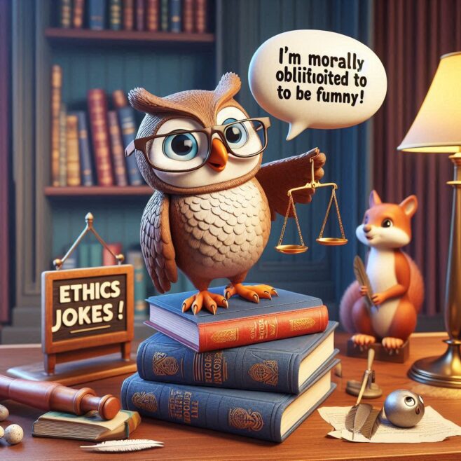 A wise owl in glasses holds scales, beside a squirrel, on stacked books labeled 'Ethics Jokes!'
