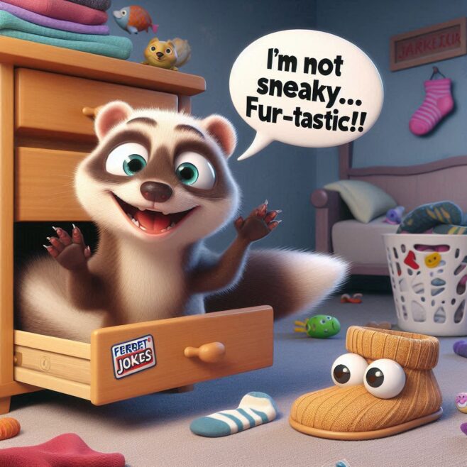 Raccoon peeks from a drawer, grinning, with a sock nearby, saying, "I'm not sneaky... Fur-tastic!!"
