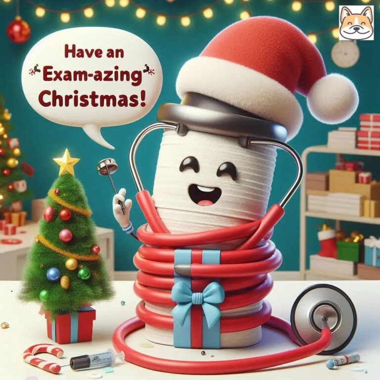 A joyful stethoscope wearing a Santa hat, wrapped in red tubing, holding a hammer beside a Christmas tree.