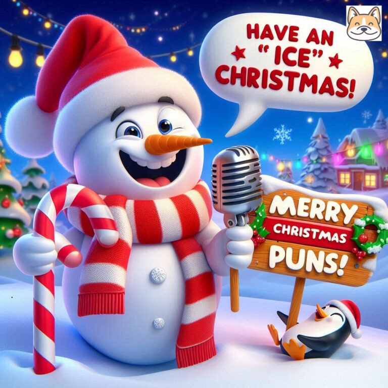 Snowman with candy cane and mic, saying 'Have an “ICE” Christmas!'