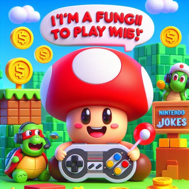 Mushroom character with a controller and turtle beside it, coins floating around.