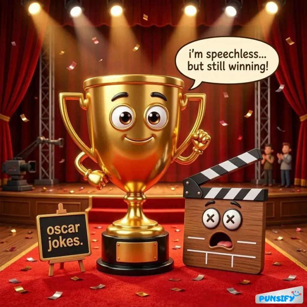 Gold trophy with a smiling face, clapperboard with eyes and text, stage backdrop with confetti.