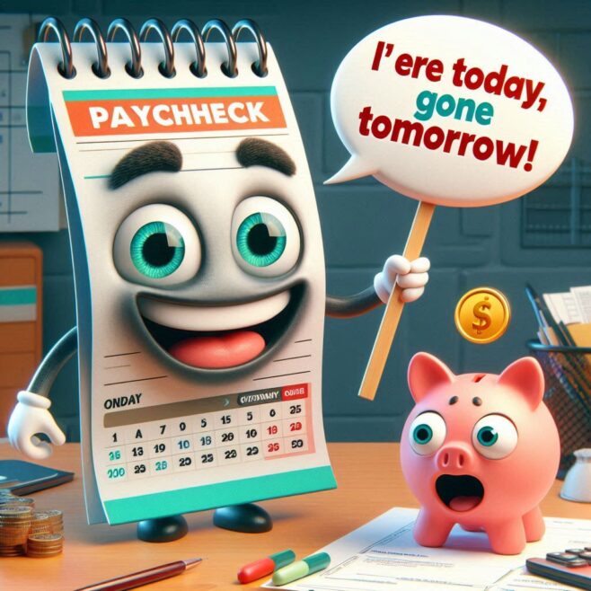 Calendar grinning with a paycheck and a shocked piggy bank holding a sign saying, "I‘ere today, gone tomorrow!"