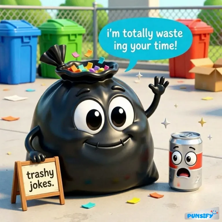 A cheerful trash bag character giving a thumbs up beside a surprised can, sharing jokes.