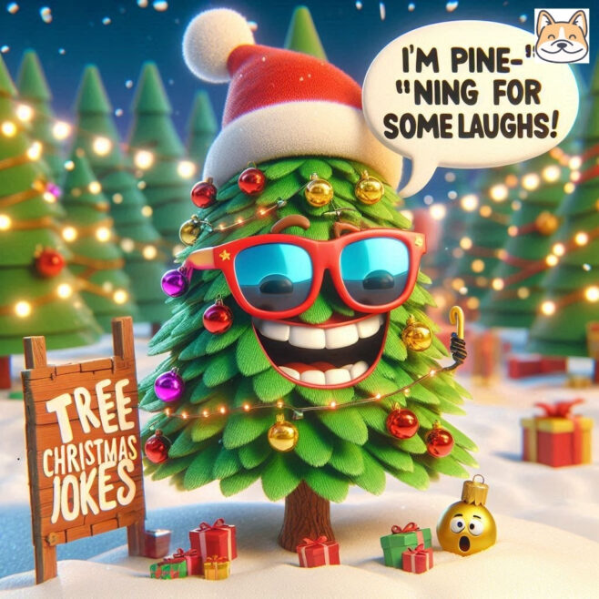 A Christmas tree wearing sunglasses and a Santa hat, smiling with ornaments, saying, "I'm pine-ning for some laughs!"