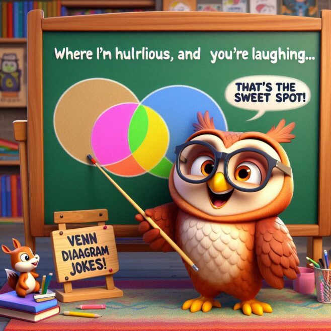 Owl with glasses pointing at a Venn diagram on a chalkboard, humorously engaging with a squirrel.