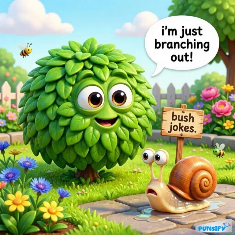 A smiling bush with eyes talking to a snail, saying a pun about branching out.