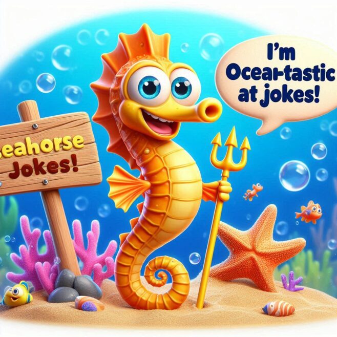 Colorful cartoon seahorse with a trident, humorously promoting jokes underwater.