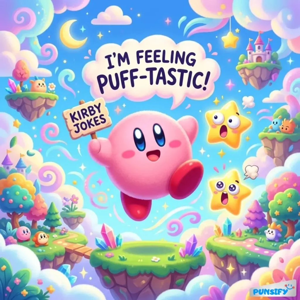 Kirby in a colorful land, saying 'I'm feeling puff-tastic!' with surprised stars around.