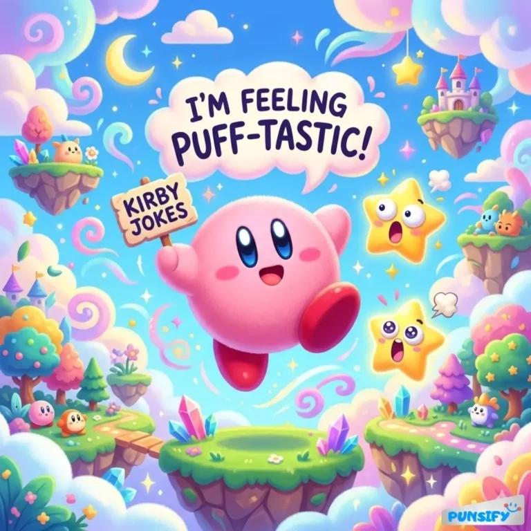 Kirby in a colorful land, saying 'I'm feeling puff-tastic!' with surprised stars around.
