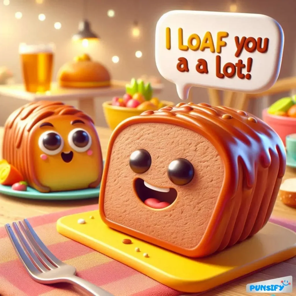 Happy loaf bread with cute face saying 'I LoAF you a lot!'