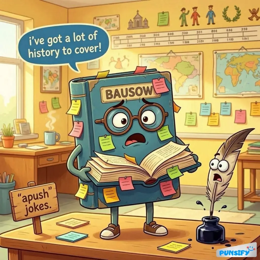 A book with glasses and a surprised expression, covered in sticky notes, talks about history.