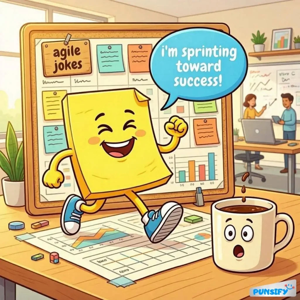 A cheerful sticky note character runs with a coffee cup, promoting agile jokes.
