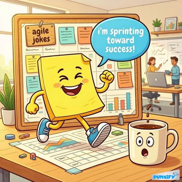 A cheerful sticky note character runs with a coffee cup, promoting agile jokes.