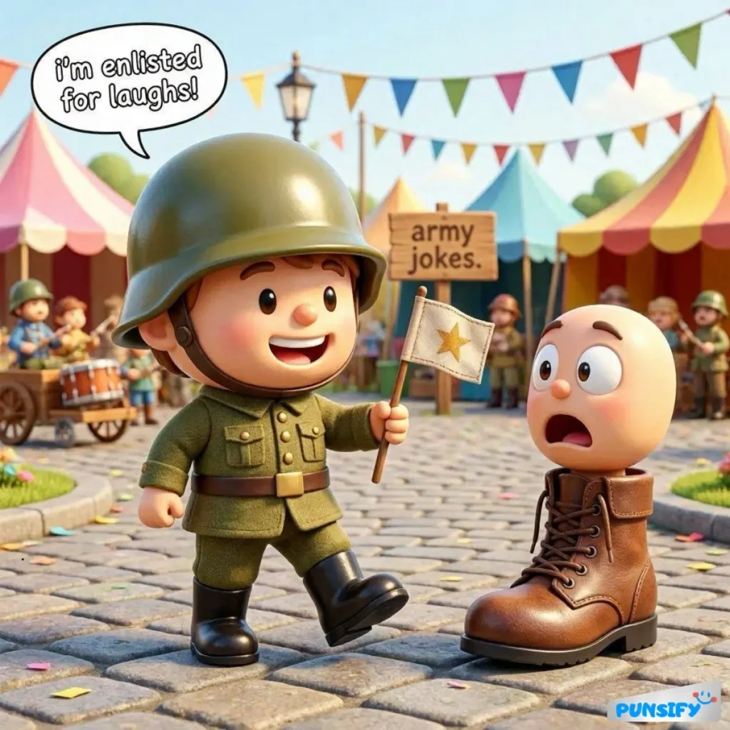 A soldier holding a flag with a surprised friend in a boot, sharing a pun about army jokes.