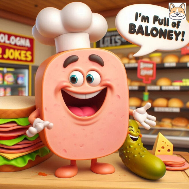 Smiling sandwich slice with chef hat, exclaiming about baloney.