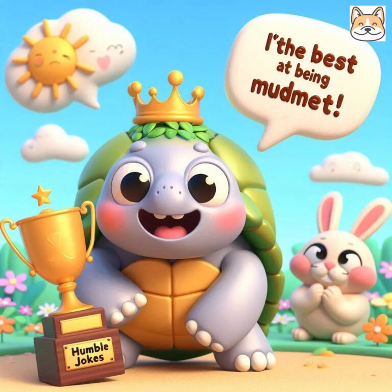 A cheerful turtle wearing a crown with a trophy, expressing joy about being humble.