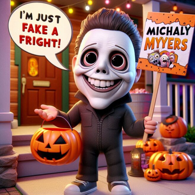 A playful figure in a black jumpsuit holds a pumpkin and a sign.