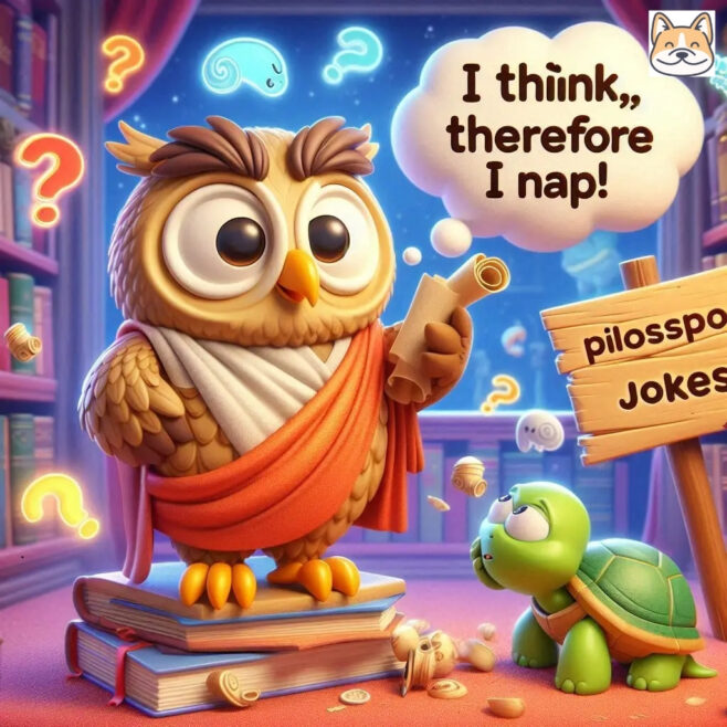 A wise owl in toga beside a turtle, joking about napping and pondering.