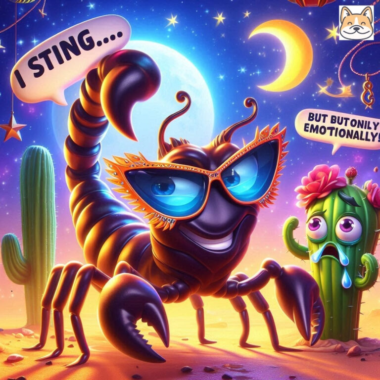A cool scorpion wearing oversized glasses, with a cactus character in the background.
