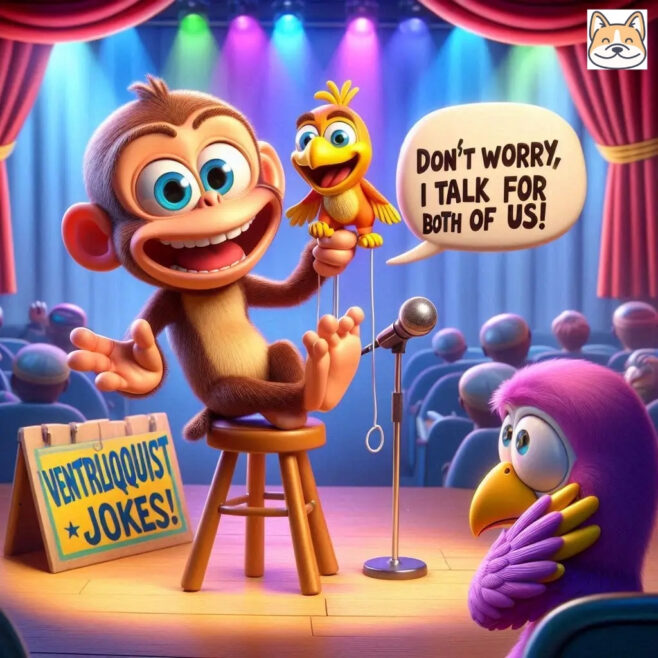 A monkey and a bird perform ventriloquism on stage, sharing a laugh with the audience.