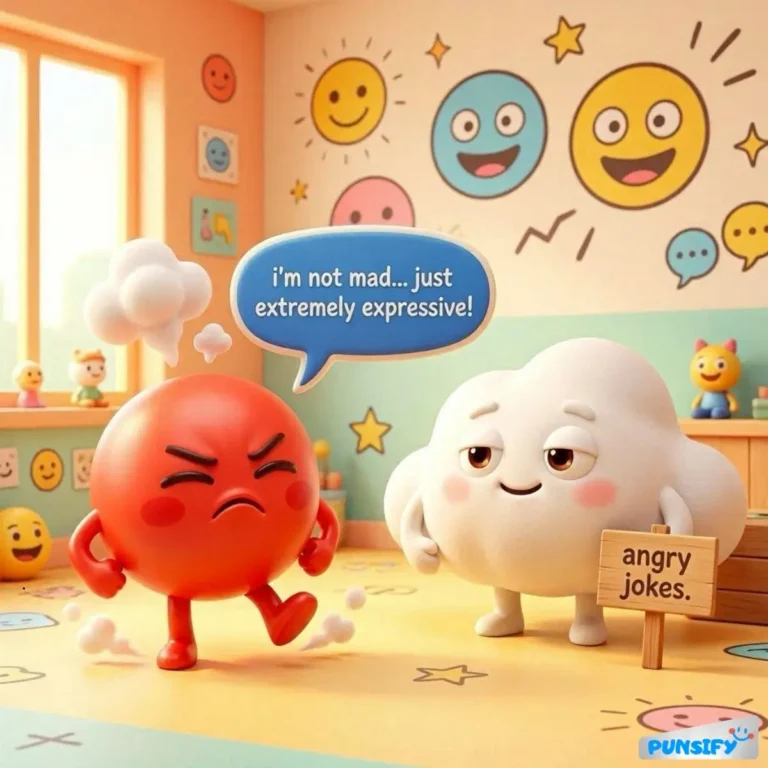 A fuming red ball with steam puffs walks away while a happy cloud smiles, holding a sign saying 'angry jokes.'