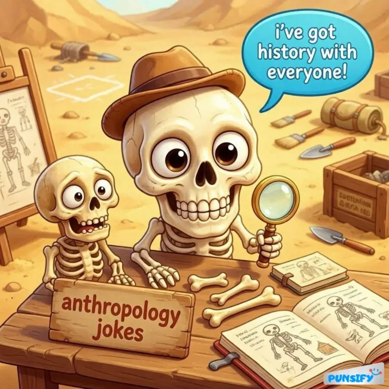 Two skeletons in a desert discussing anthropology jokes, one with a magnifying glass.