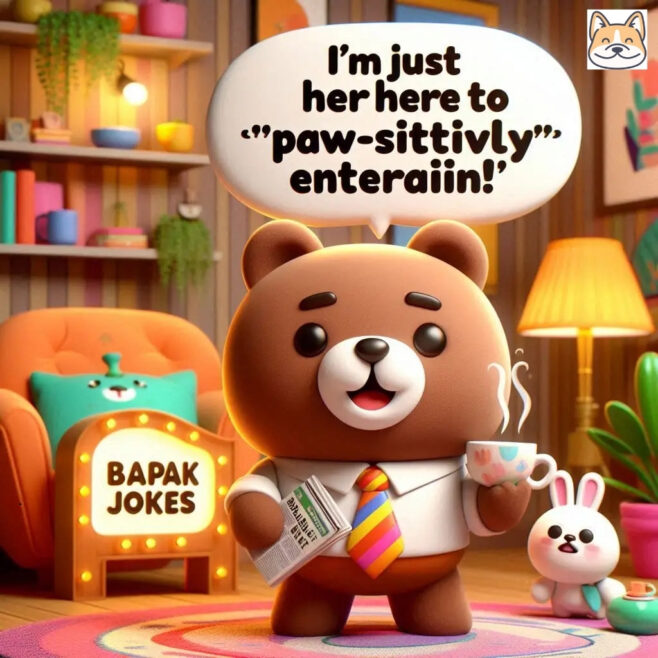 A bear in a suit holds a cup, saying, "I'm just her here to 'paw-sittively' entertain!"