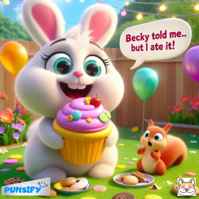 A fluffy bunny happily devours a giant cupcake, while a small squirrel looks on surprised.