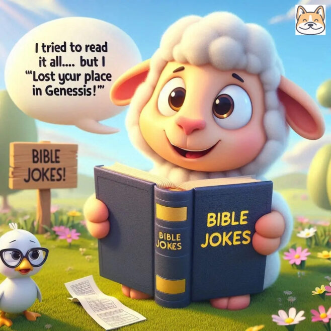 Cartoon sheep holding a book titled 'BIBLE JOKES' with a bird nearby.