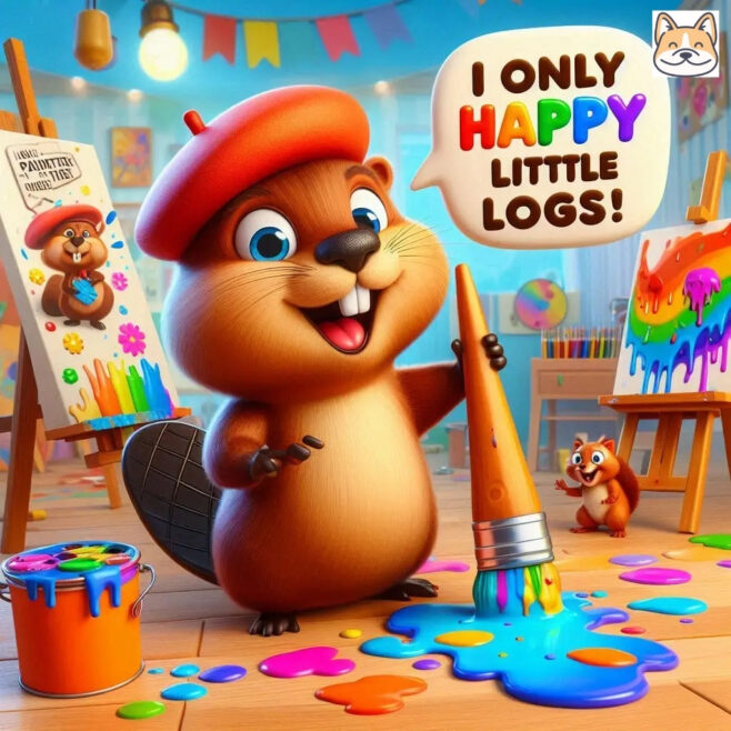 Beaver painting colorful logs in an art studio, cheerful expression, funny speech bubble.