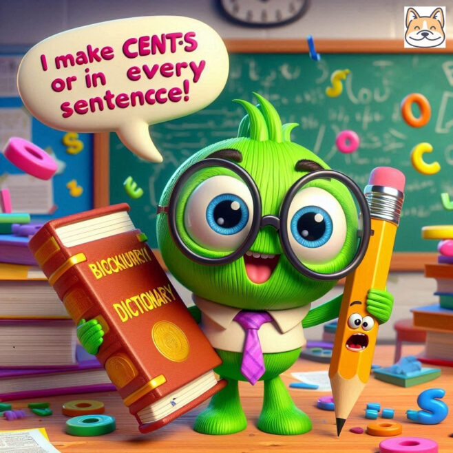 Green creature with glasses holding a book and pencil, surrounded by colorful letters.