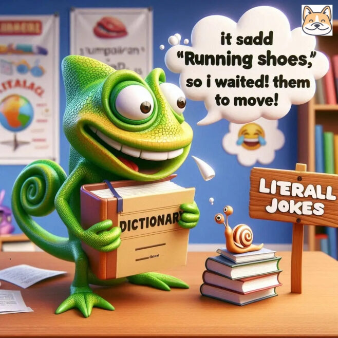A chameleon with a dictionary and a humorous twist on running shoes.