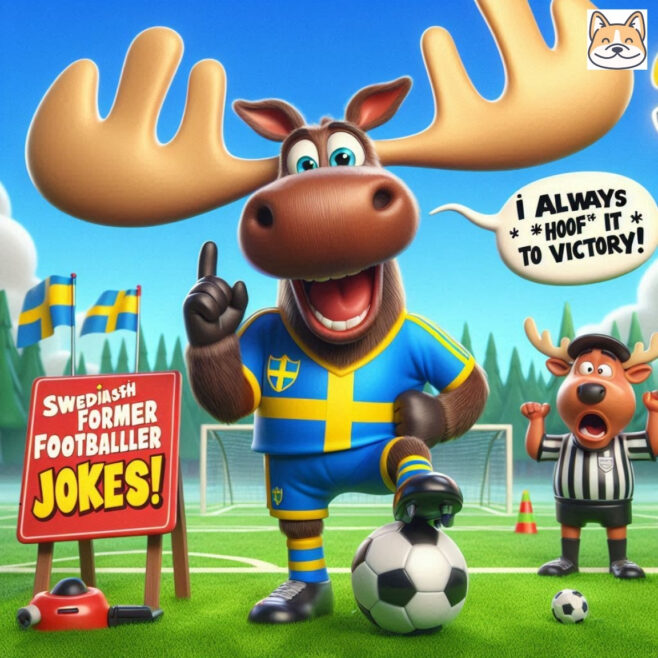 A cheerful moose in a blue and yellow jersey, soccer ball at its feet, posing triumphantly.