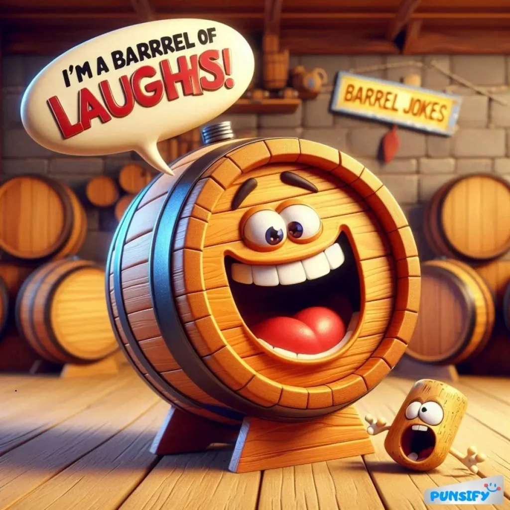 A cheerful wooden barrel character with a big smile, speaking to a smaller cube with a grin.