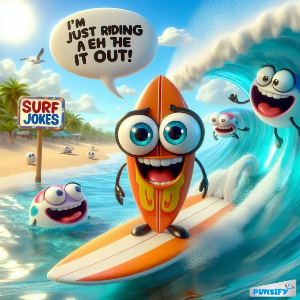 A surfing character with big eyes riding a wave, smiling and having fun.
