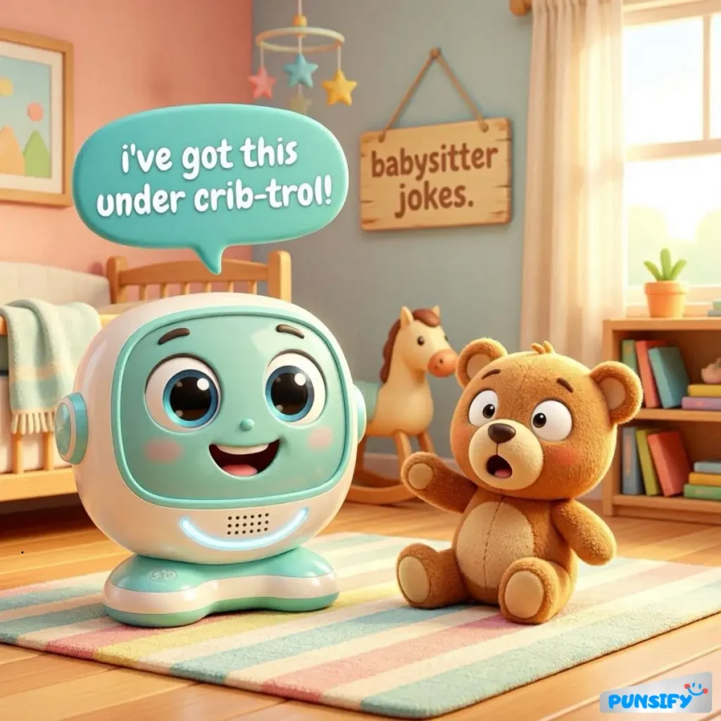 A friendly robot speaks to a surprised teddy bear in a cozy nursery.