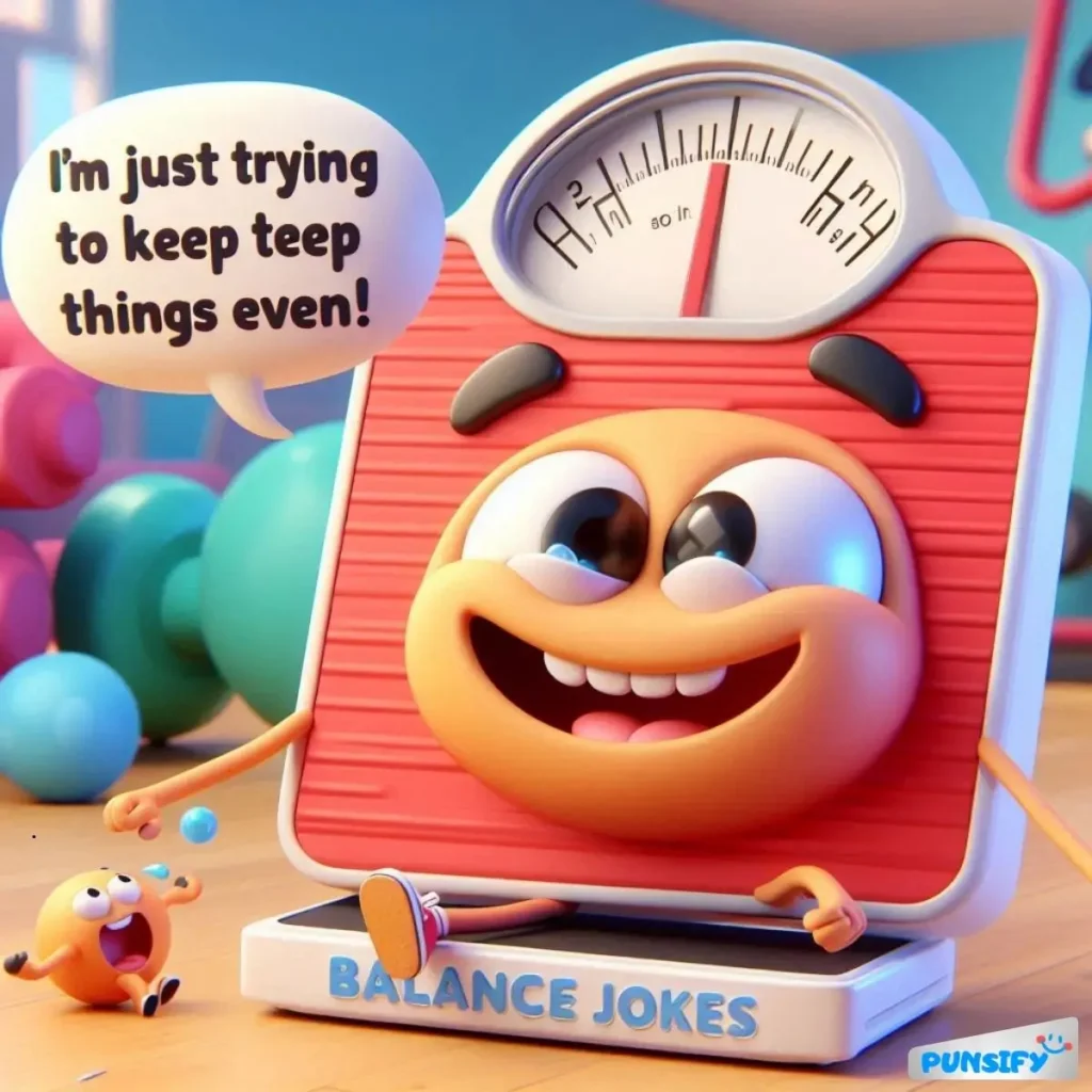 A cheerful scale with a smiling face and a little character beside it, saying, "I'm just trying to keep teep things even!"