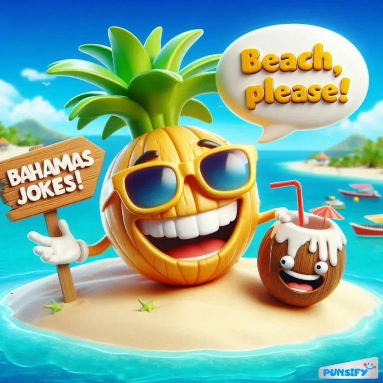 A smiling pineapple with sunglasses holding a sign that says 'Bahamas Jokes!'