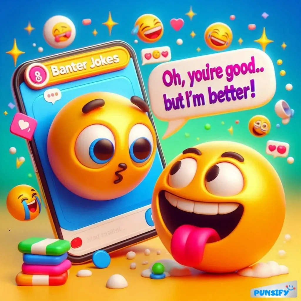 A playful emoji sticking out its tongue, engaging with another emoji on a phone screen.