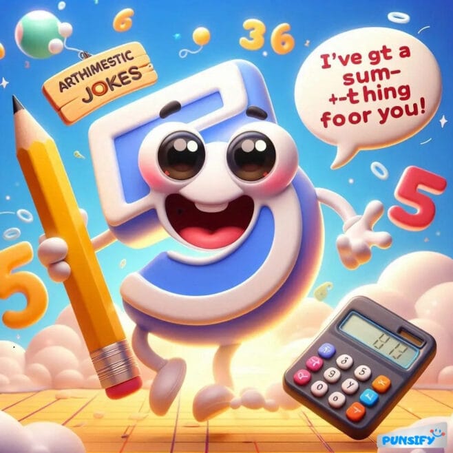 Cheerful number 5 holding a pencil with a calculator, saying, "I've got a sum-+thing for you!"